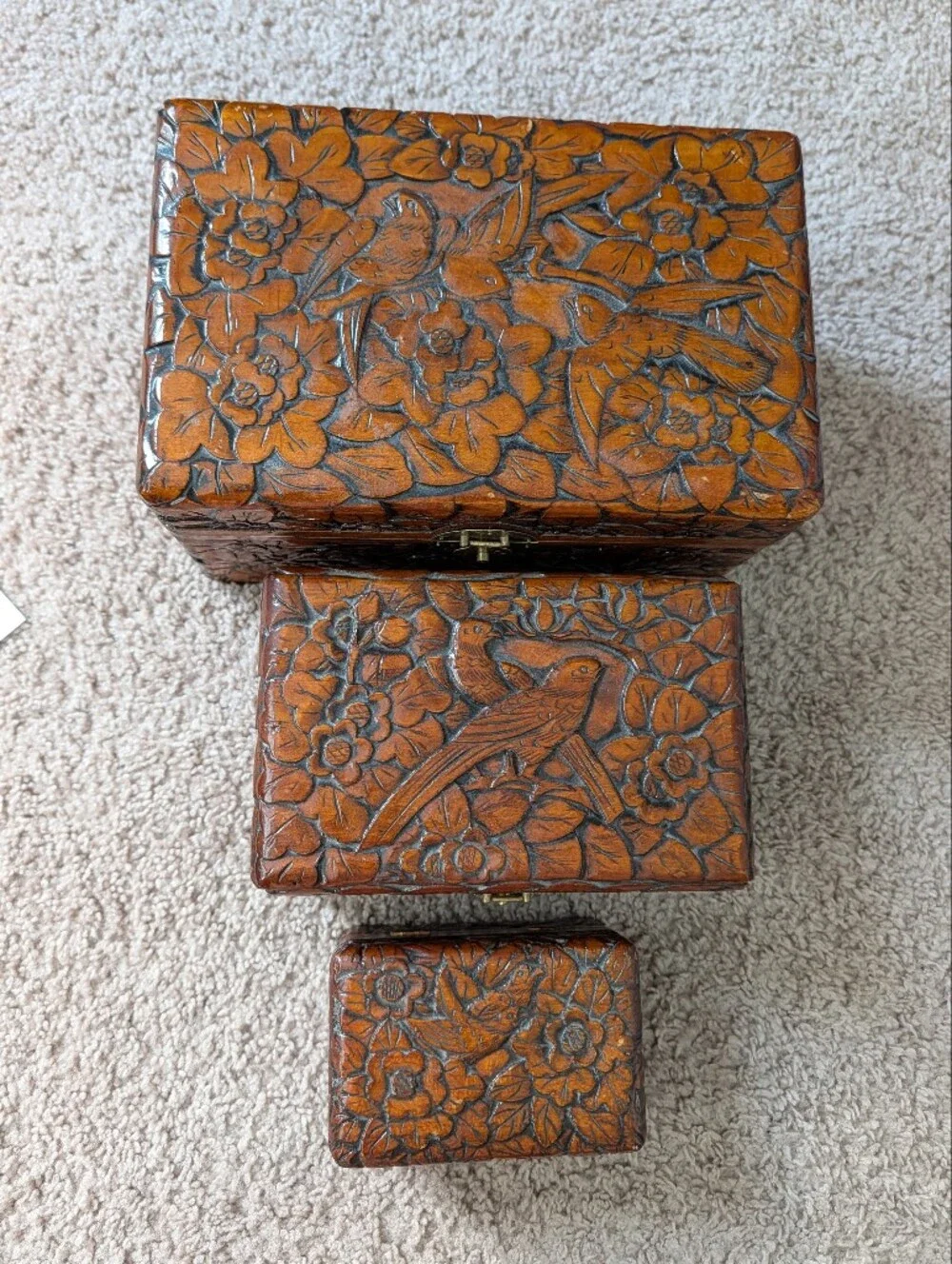 3 Vintage Hand Carved Brown Chinese Bird Camphor Wooden Floral Trinket Boxes